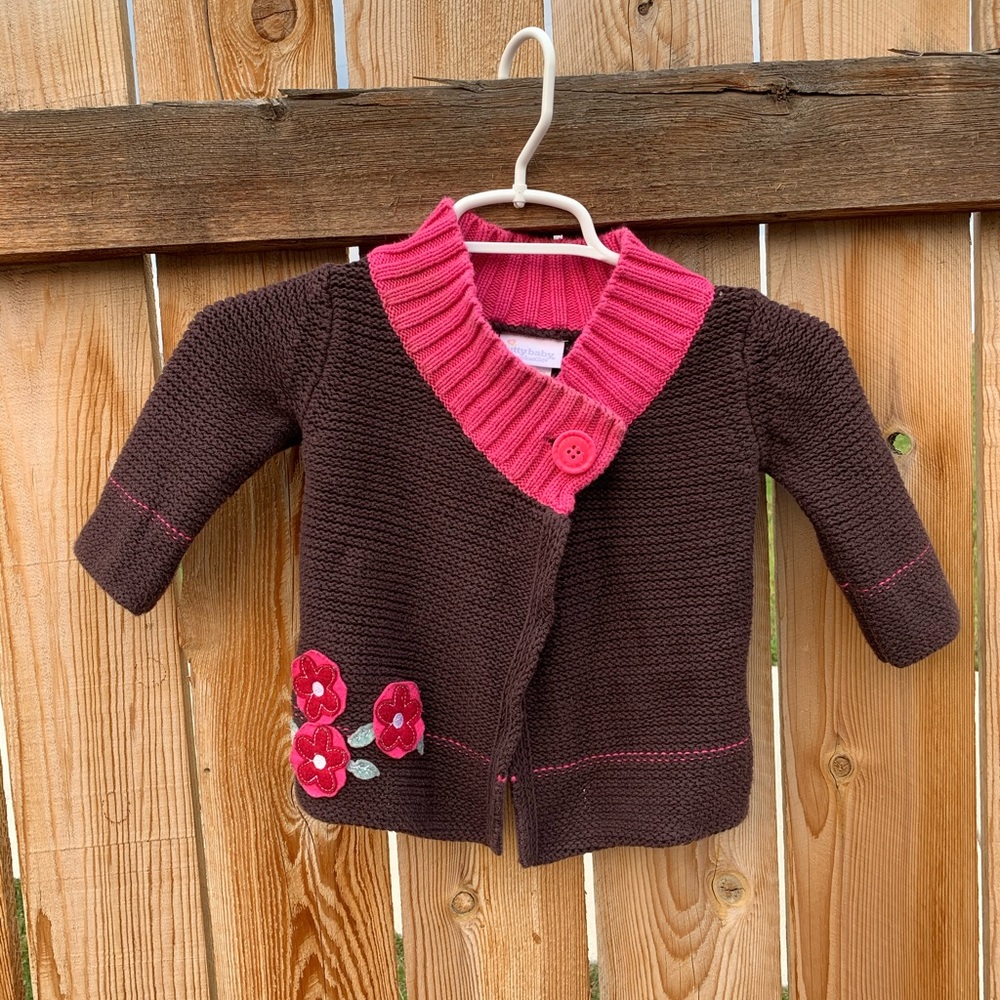 American Girl Brown Knit Cardigan with Pink Trim and Flower Appliqués